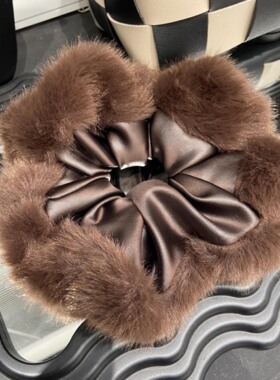 E5100韩版时尚皮布艺毛边大肠发圈高级感扎头发绳气质马尾发饰