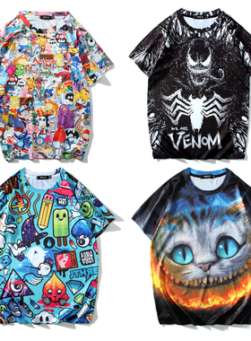 冰丝ins潮网红卡通3D印花卡通潮可爱休闲动漫欧美男女短袖T恤情侣