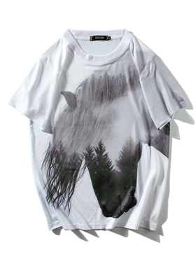 ins 潮圆领创意卡通马喷墨印花短袖T恤男街头宽松夏情侣休闲短tee