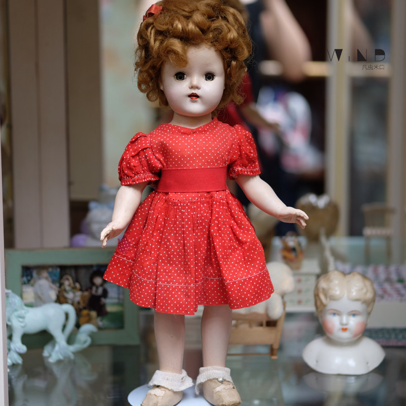 西洋古董娃娃美国50年代霍斯曼老物件金发秀兰邓波儿眨眼牙齿红裙