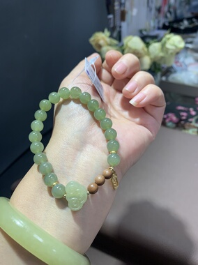 和田玉青玉晴水8mm设计款配檀木手链手串445号
