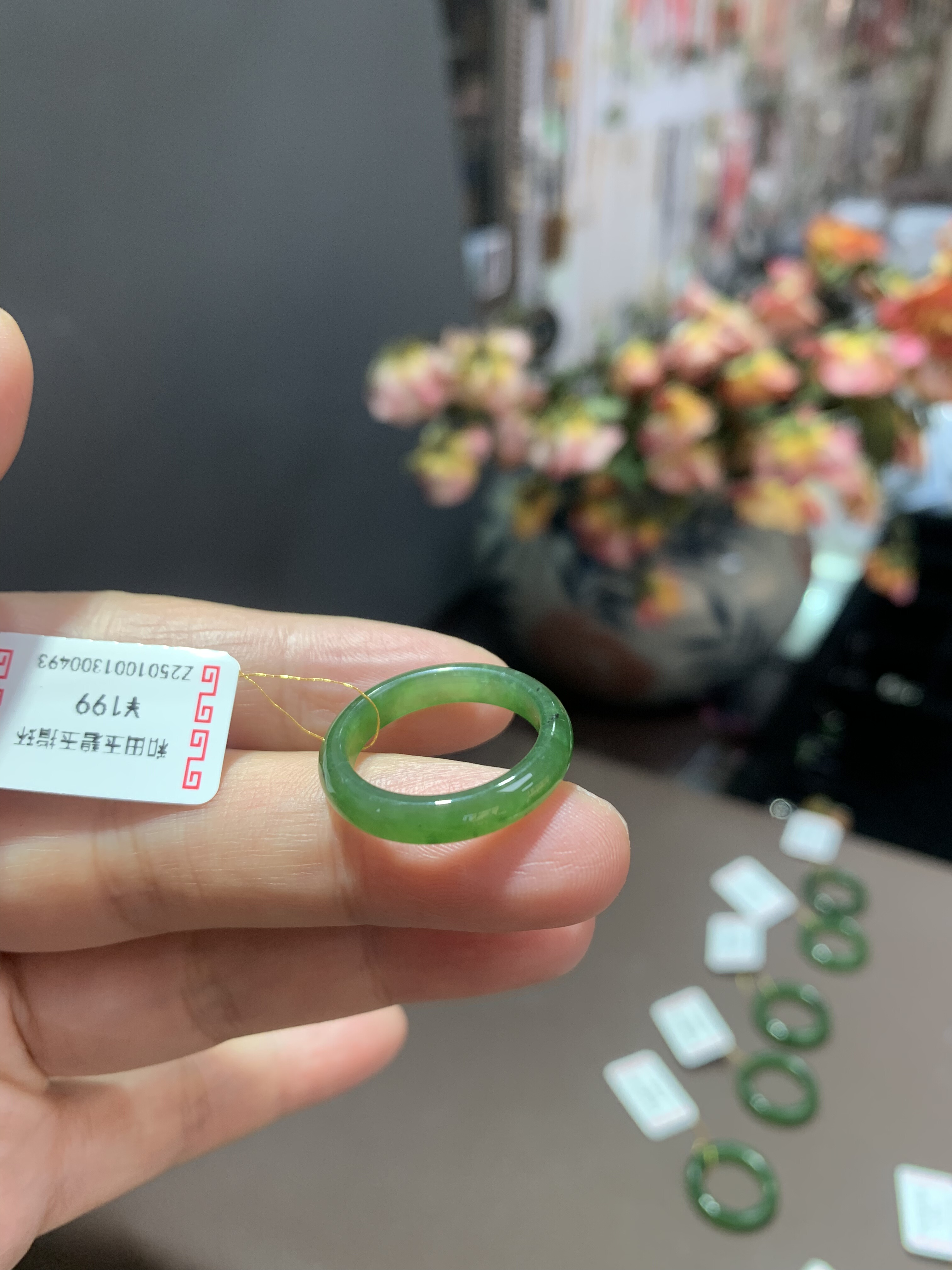 特价天然和田玉碧玉港码14码戒指指环跑环一物一图带证书493号