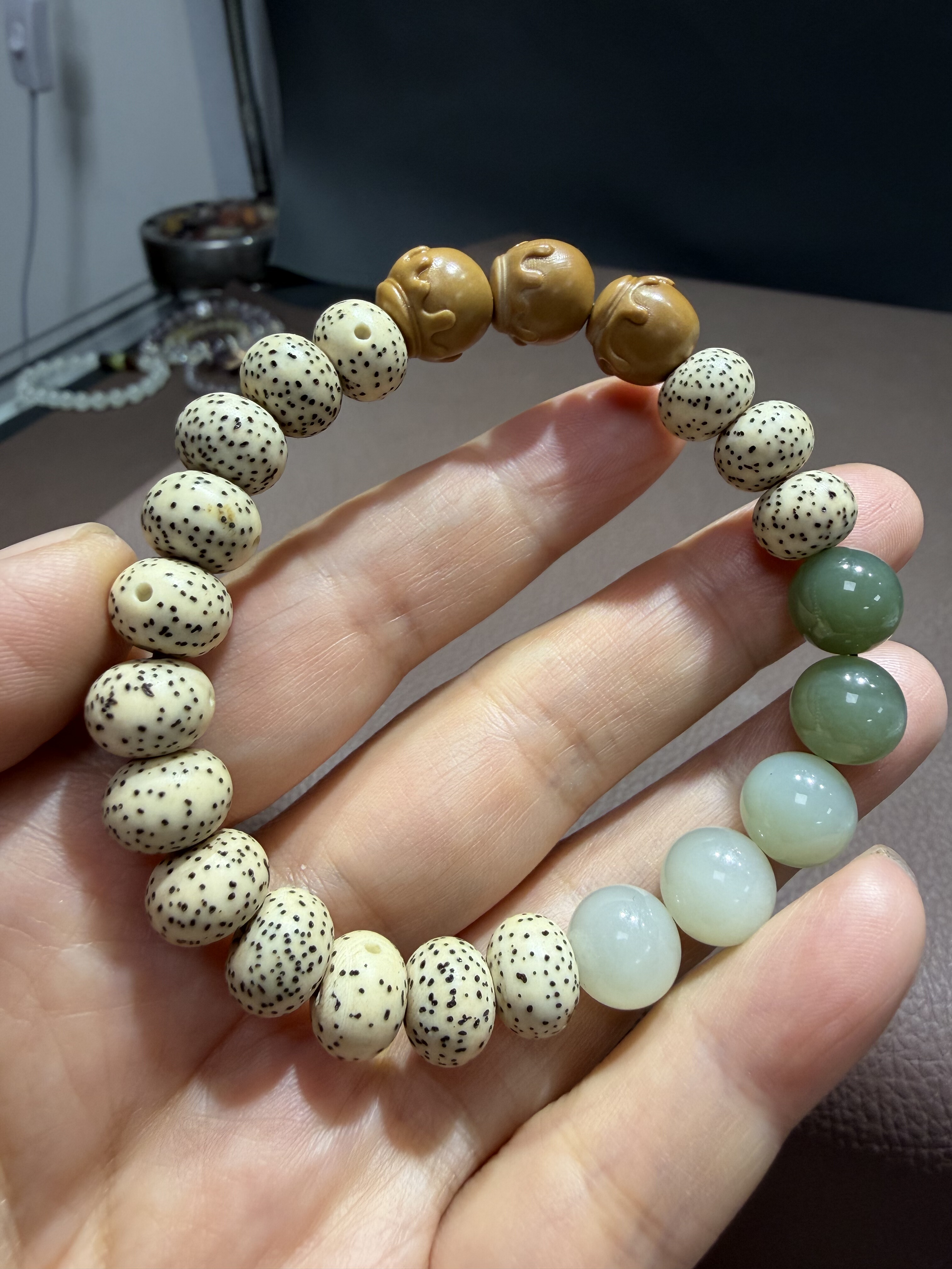 天然和田玉配高密星月菩提猴头蜜罐手串手链带证书511号