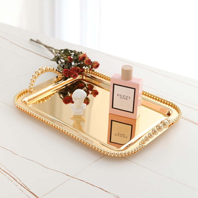 金色珠珠托盘 长方形甜品盘冷餐水果展示茶盘婚庆糕点酒店ktv装饰