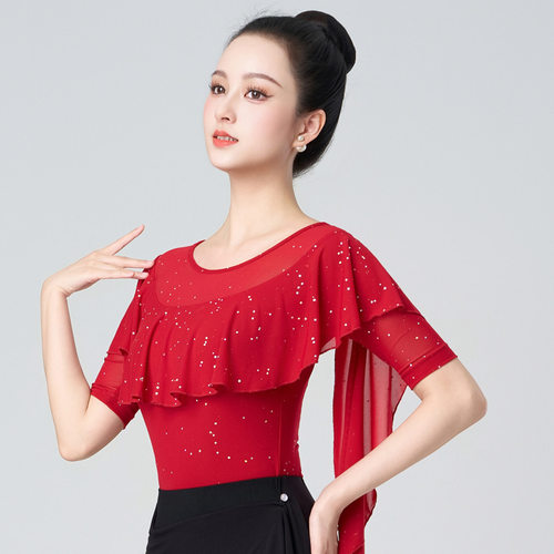 新款拉丁舞衣圆领网纱舞蹈服