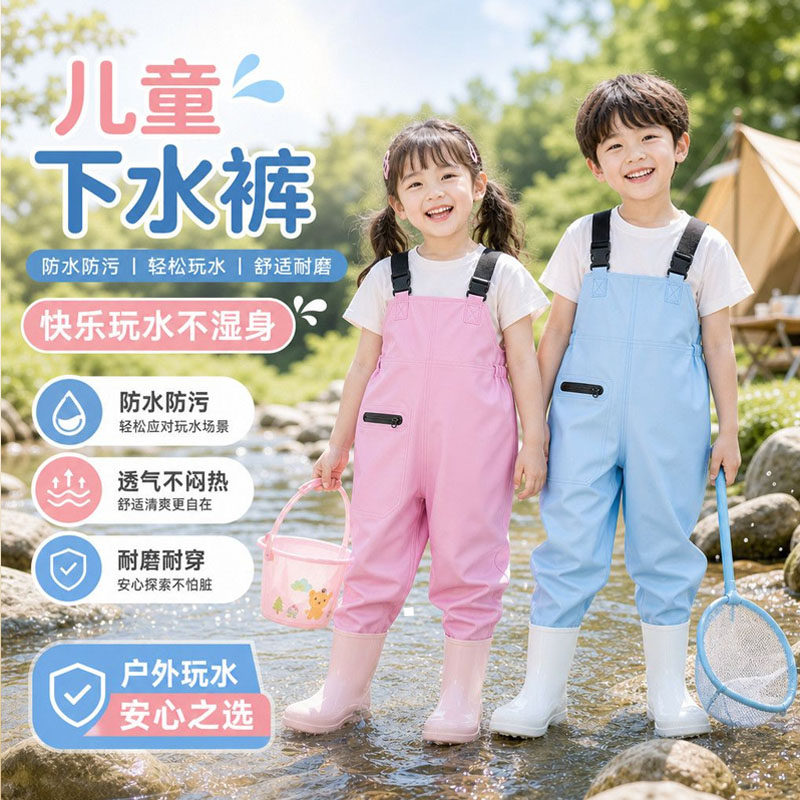 儿童下水裤新款赶海幼儿园宝宝小孩防水裤抓鱼雨裤雨靴连体涉水服