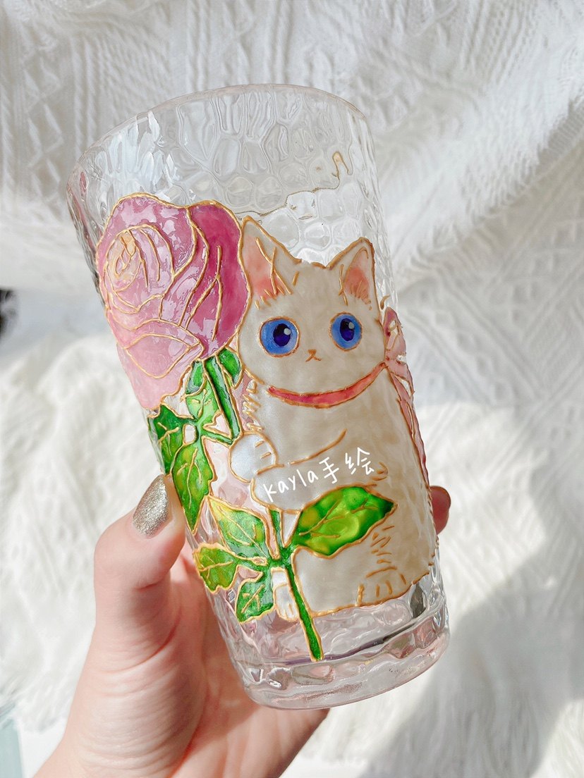 Kayla手绘猫咪与玫瑰花玻璃杯送女友闺蜜生日礼物创意手工定制