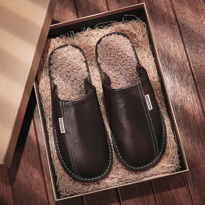 秋冬季真皮面保暖棉拖鞋室内男女