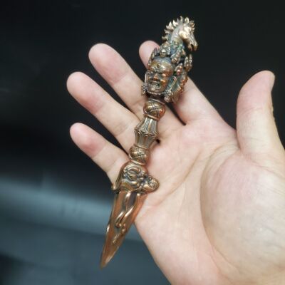 尼泊尔工艺纯铜马头金刚橛明王三面普巴杵带底座西藏具用品法器