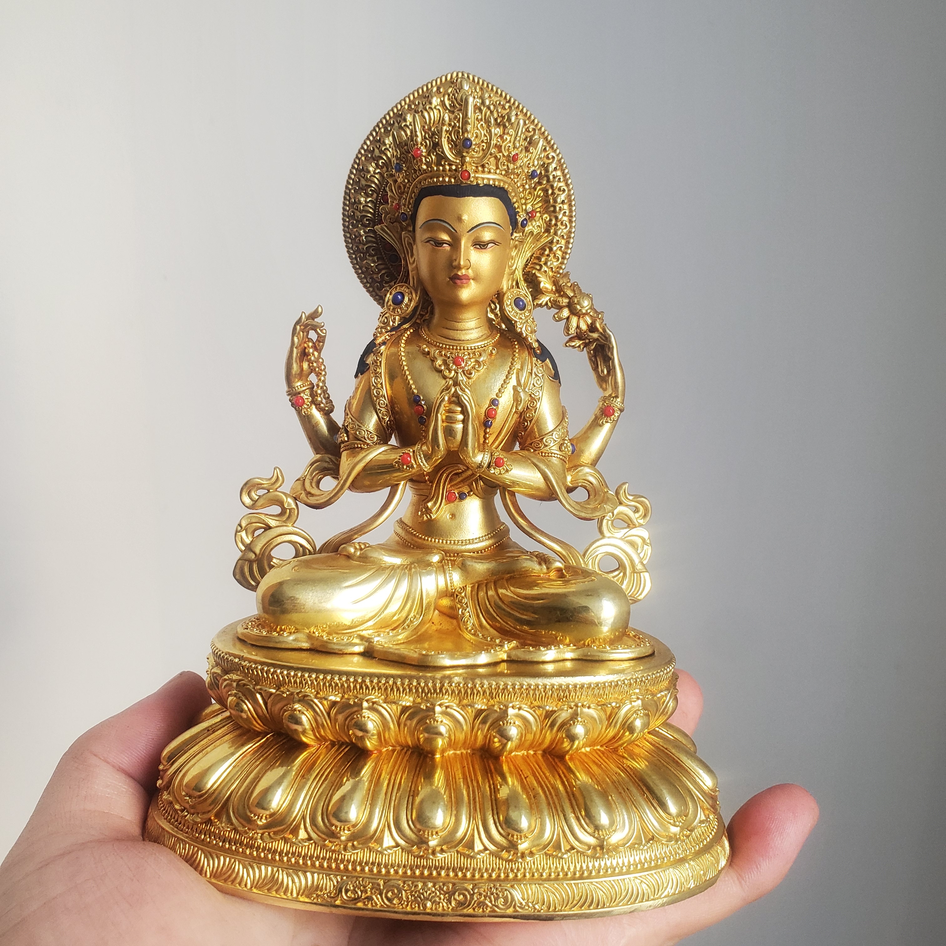 尼泊尔工艺纯铜鎏金手工开脸四臂观音菩萨佛像家居供奉摆件
