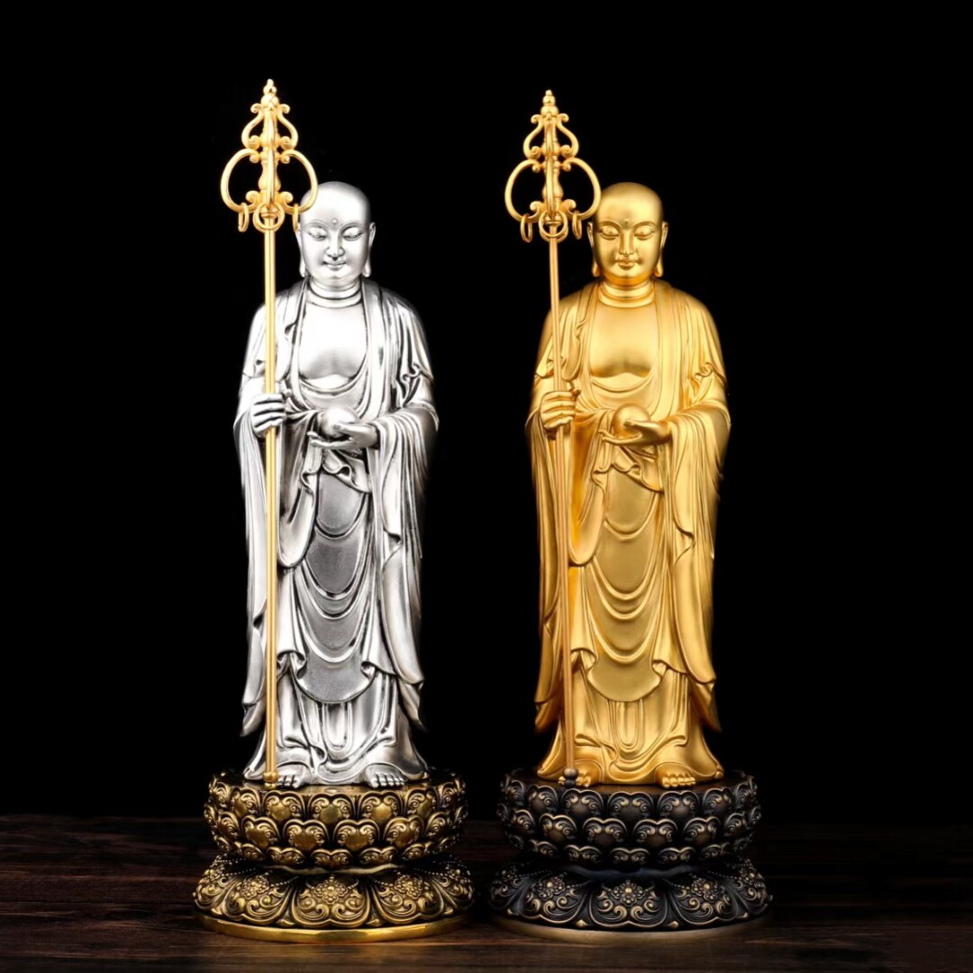 九华山纯铜地藏王菩萨佛像摆件精工鎏金银大号站像