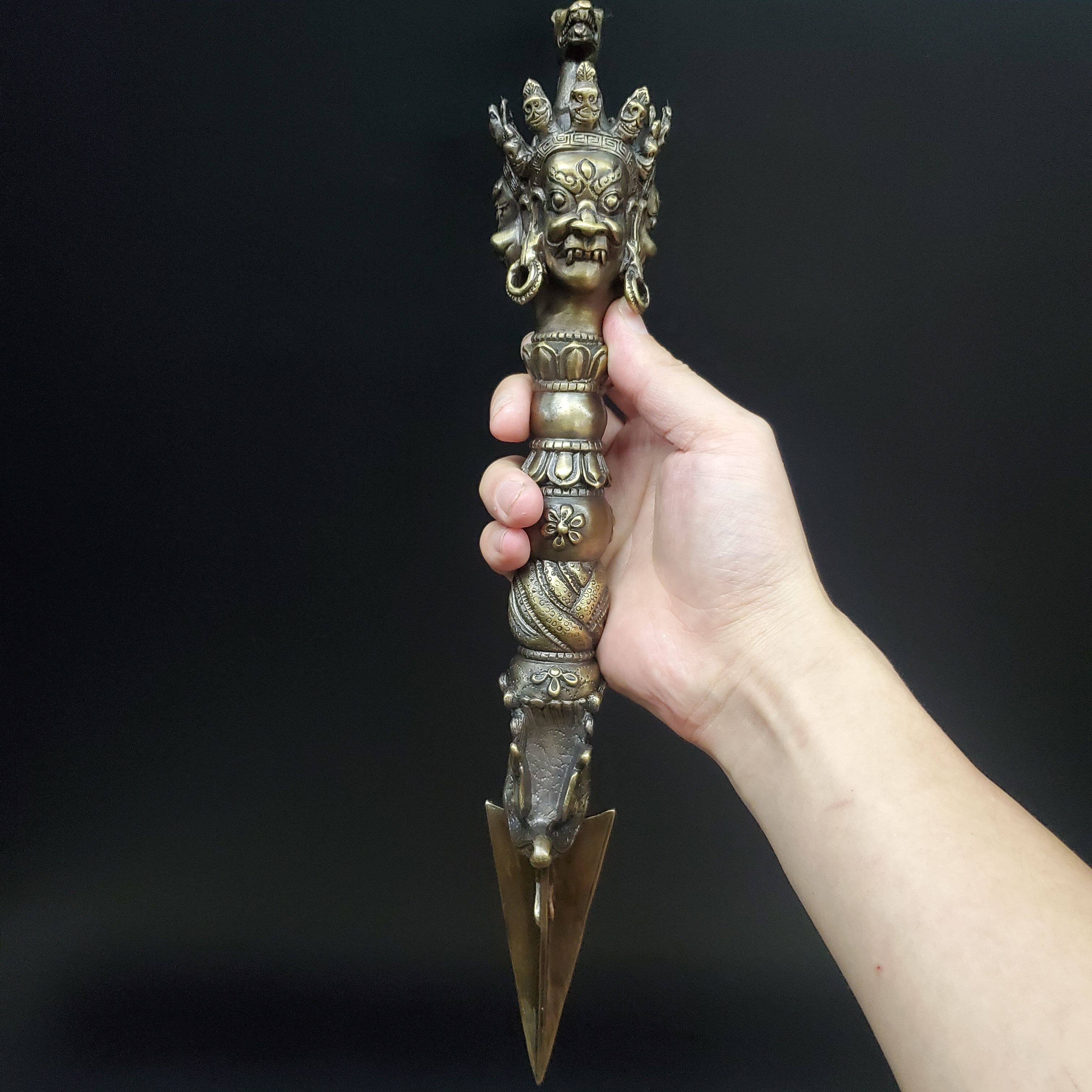 尼泊尔工艺纯铜马头金刚橛降魔杵黄铜大号家居供奉摆件手把件