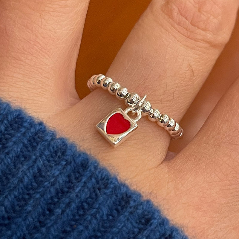 s925纯银戒指爱心锁银珠戒指弹力绳可调节松紧2022新品戒指