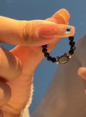 ins风甜酷小黑猫戒指复古黑白猫咪戒指珍珠简约情侣食指戒闺蜜