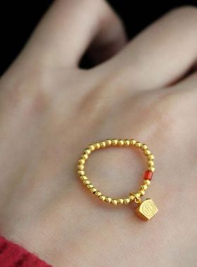 女沙金国风招财进宝金色珠小戒指