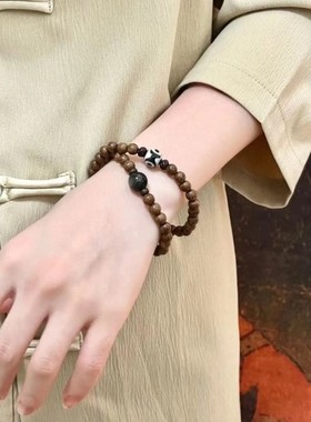 正宗金丝檀手串佛珠沉水老料檀香木乌木质佛珠双圈天珠文玩手链女