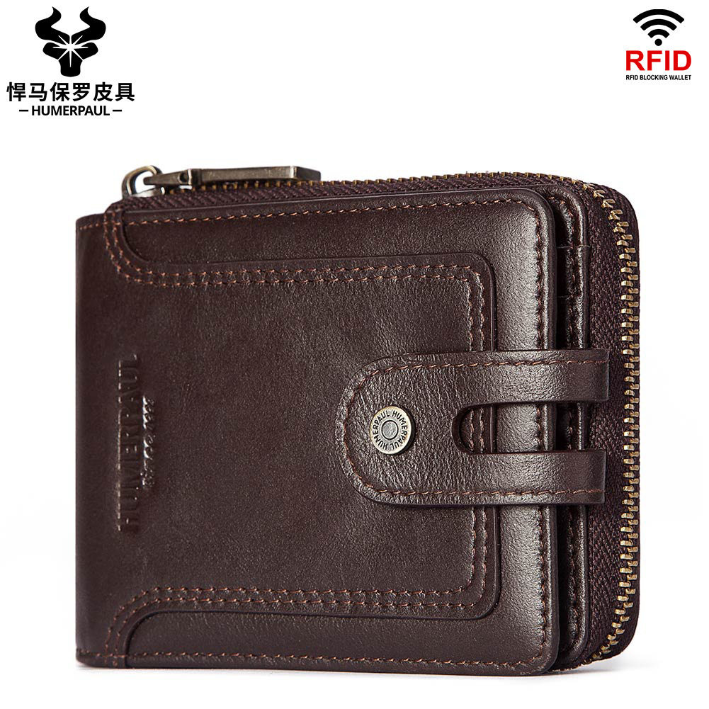 RFID防盗刷男士真皮钱包头层牛皮短款零钱包拉链欧美复古皮具男包