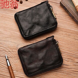 W0T男士真皮钱包拉链短款竖款皮夹小巧手工植鞣纯头层牛皮潮做旧