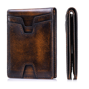 狮莱顿头层牛皮RFID防盗刷二折钱包男款短款真皮复古跨境美金钱夹