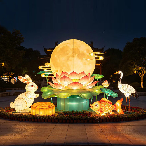 大型节日中秋花灯造型定制彩灯户外景区灯会庙会发光玉兔荷花鲤鱼