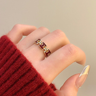 安可拉红色H字母开口戒指女秋冬气质轻奢精致小众高级感指环手饰