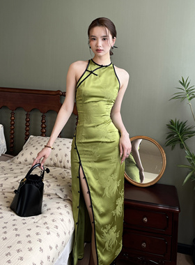 journeyj原创新中式竹叶绿色连衣裙复古旗袍改良年轻款缎面吊带裙