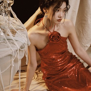 圣诞节深红色花朵挂脖亮片闪闪吊带连衣裙小礼服裙party年会订婚