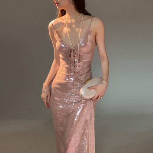 journeyj裸粉亮片设计原创礼服