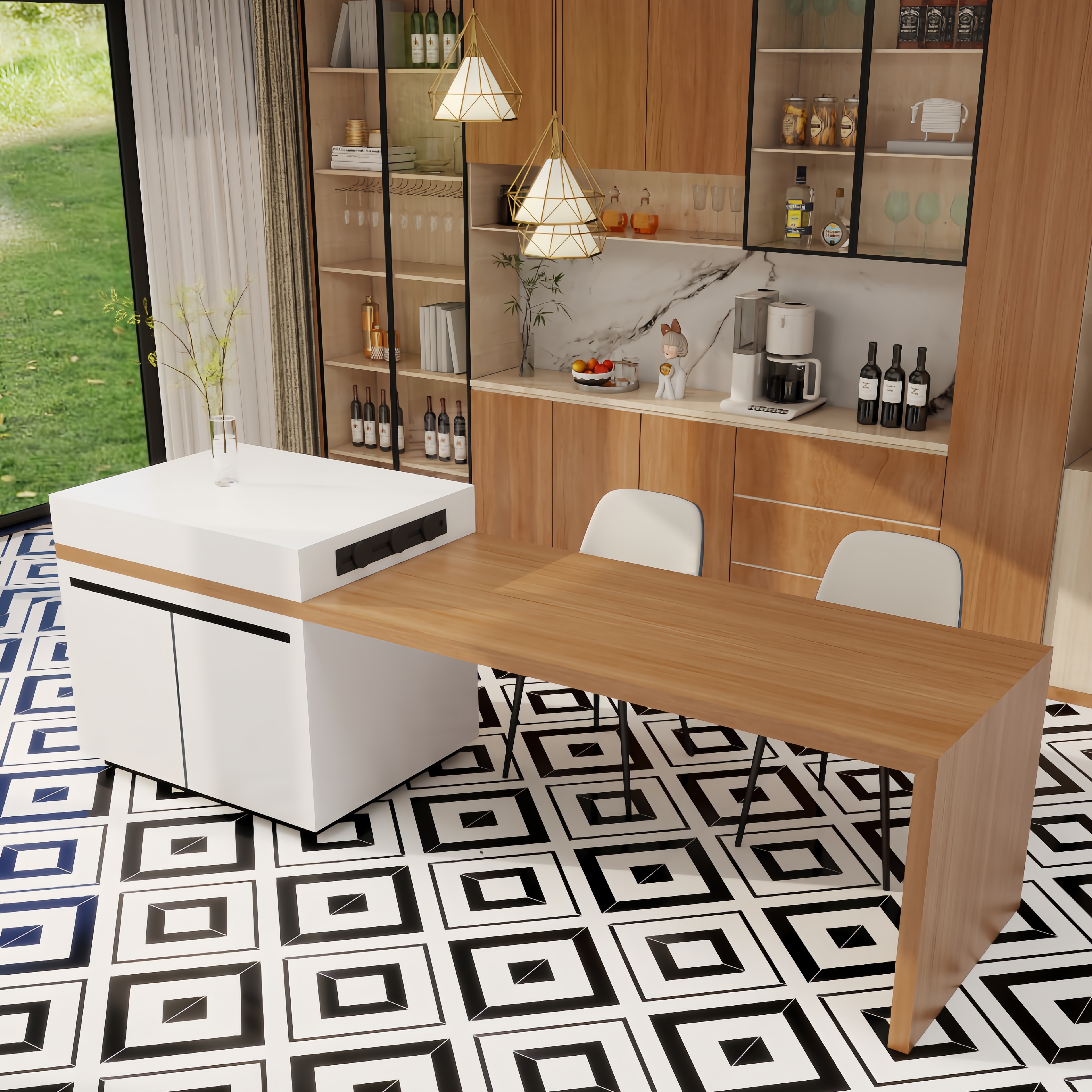 2025新款意式极简木纹岩板岛台餐桌一体高端定制多功能储物导台