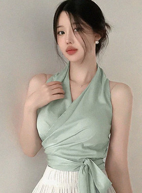 无袖衬衫女气质百搭短款系带