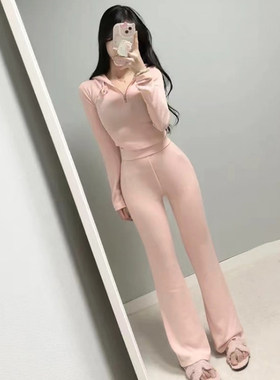 韩国东大门修身性感辣妹连帽短套头卫衣+高腰微喇叭休裤套装女士