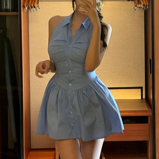 韩国东大门气质修身性感女人味褶皱收腰显身材挂脖无袖衬衫连衣裙