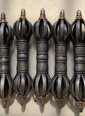 复古藏传寒铁手工錾刻密宗法器五股金刚降魔杵撅九股金刚杵佛摆件