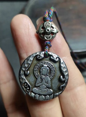 西藏玄铁复古原创尼泊尔民族风格寒铁无相佛十相自在天铁项链吊坠