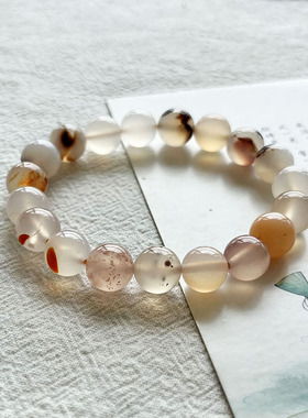 天然原色玛瑙手链手串 男女款巴西原矿飘红花高级感素圈学生手链