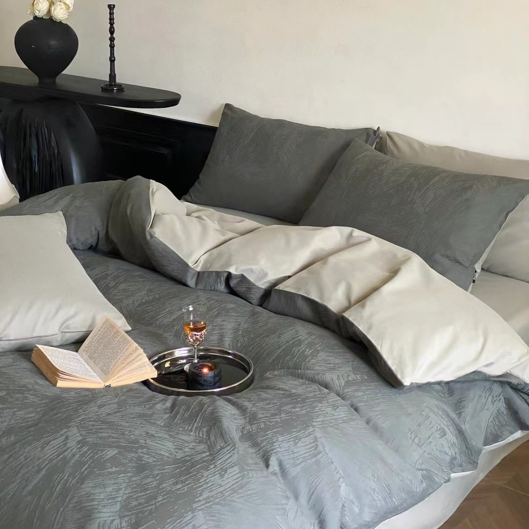 暖生活简约色织大提花轻磨毛四件套纯棉秋冬轻奢素色复古床上用品