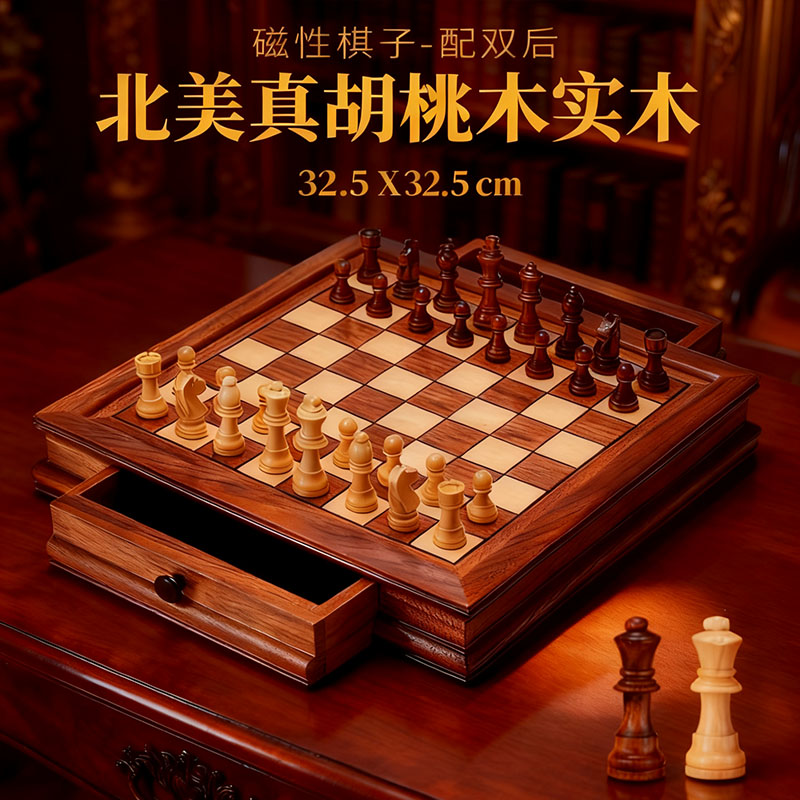 国际象棋实木磁性 胡桃木棋盘套装 成人儿童益智棋比赛专用送礼盒