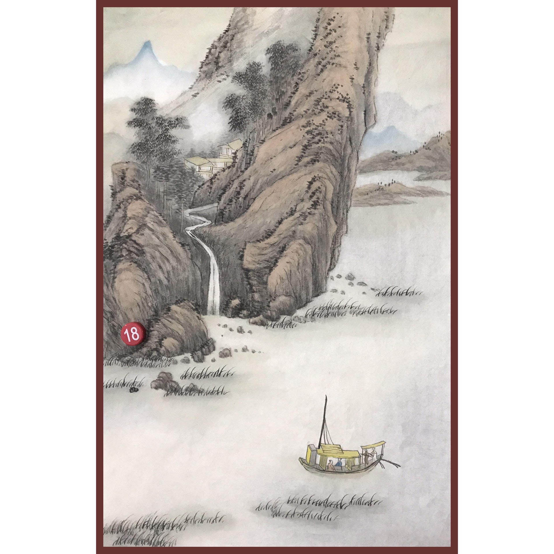 手工绘制中式山水国画梅花树小屋帆船河流山石风景画复古装饰国画