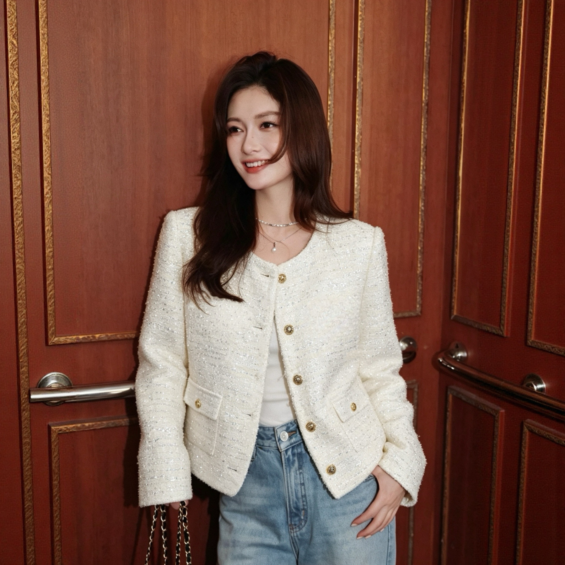 【恩佳专享】小香风珠片短外套女短外套