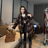 恩佳专享复古格纹羊毛大衣女中长款 韩系高级感呢子外套020 时尚