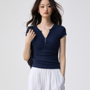 百搭正肩上衣 辣妹V领纽扣设计感修身 260g优可丝棉短袖 T恤女夏新款