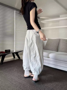 新款 女显瘦抽绳松紧腰九分裤 夏季 甜美木耳边休闲裤 灯笼裤 气球裤