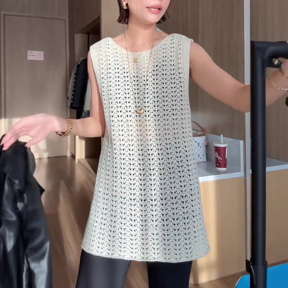 中长款镂空钩花针织背心连衣裙女毛针织衫