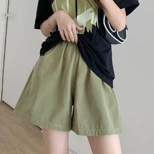 裤 夏季 女水洗棉工装 休闲工装 宽松高腰阔腿女百搭三分阔腿 A字短裤