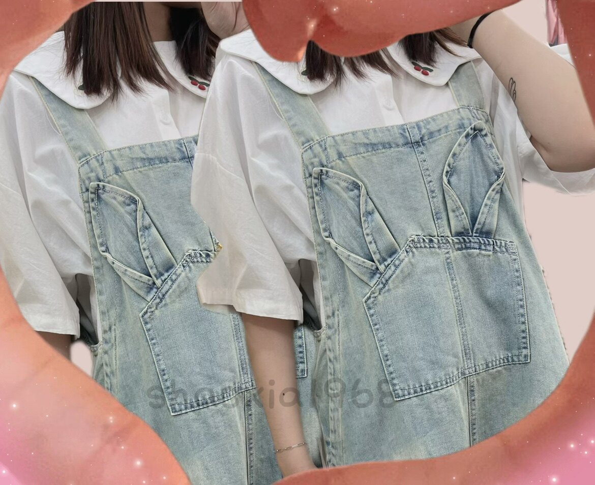新款蓝色复古牛仔水洗兔子女背带裤短裤夏季减龄学院风热裤阔腿裤