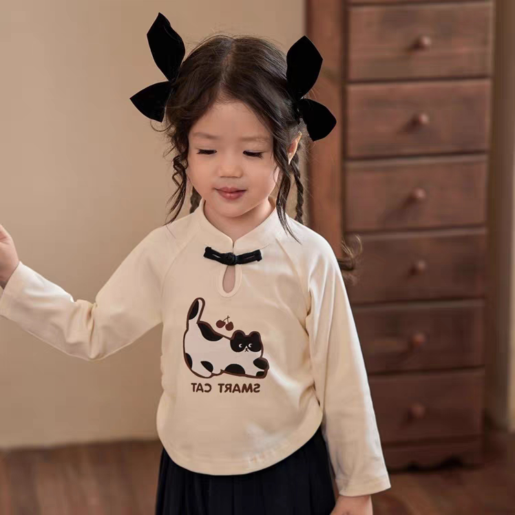 女童春装国风款2025新款印花长袖T恤女宝宝上衣打底衫童装潮流