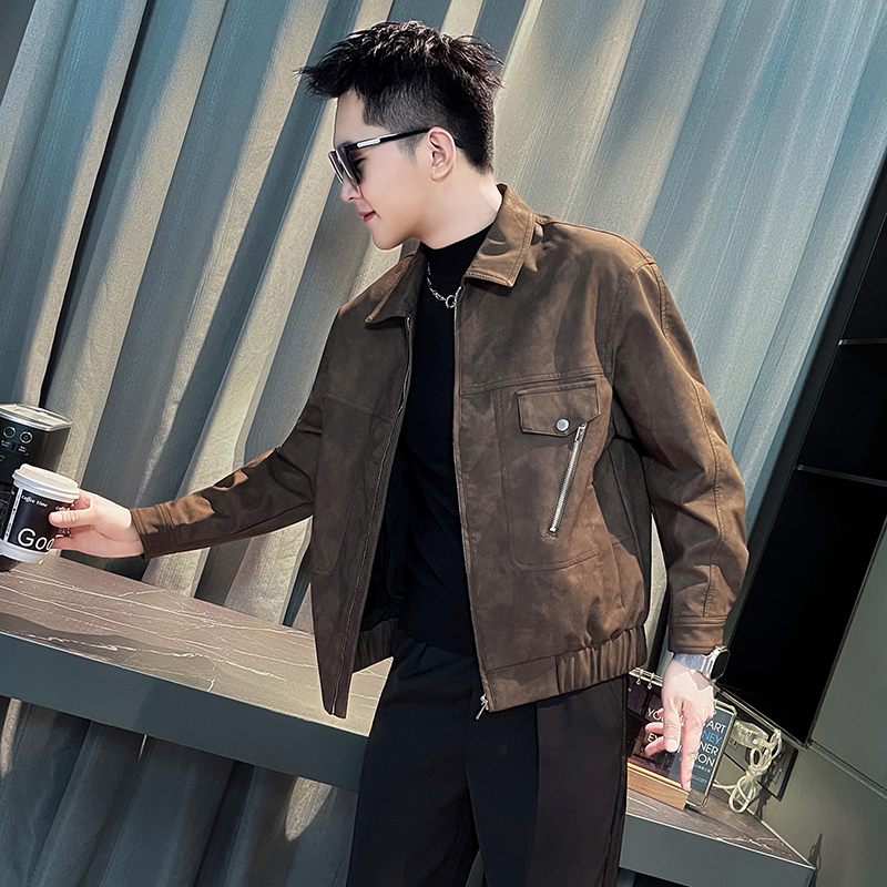 xs小码小号纯色微阔机车潮男皮衣外套社会小伙休闲翻领pu夹克上衣