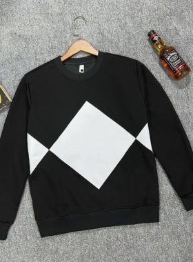 S号XS码155黑色撞色几何图案小号卫衣男潮圆领长袖小个子修身上衣