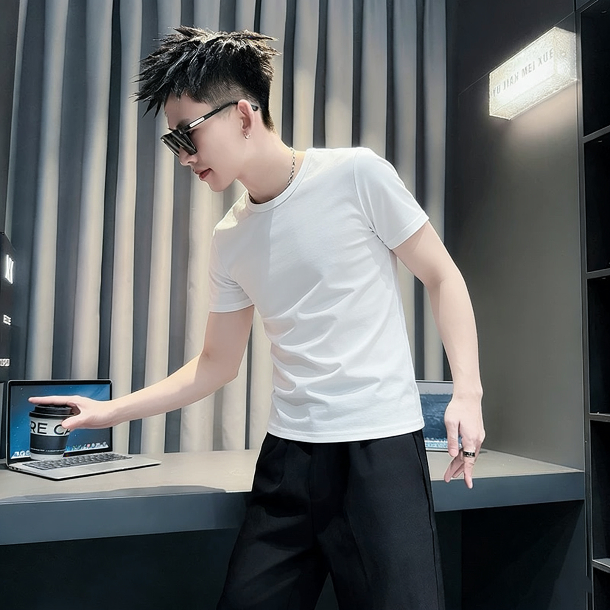 小码纯色白色短袖T恤男夏季S号XS码小号潮修身圆领半袖上衣体恤衫