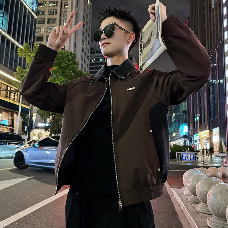xs小码小号修身短款褂子社会小伙男翻领拼接牛仔夹克外套飞行服潮